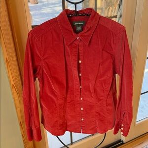 Eddie Bauer Vibrant Orange Corduroy Button down Sz LP Shirt Blouse